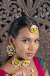 || AAKILA || Floral Jewellery Pink and Yellow Necklace with Earrings, Tikka & Hand Piece