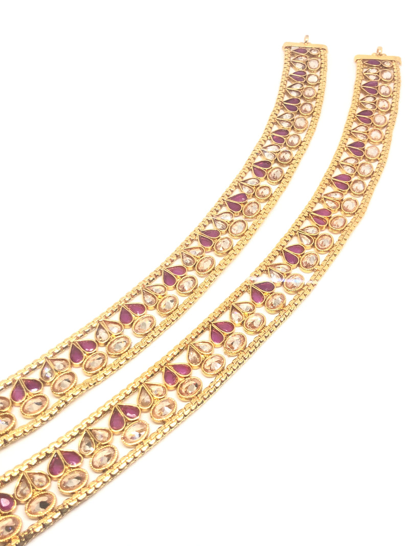 Yellow Gold Anklets (Payal) with White & Pink Stones