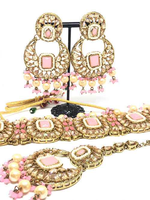 || RAVEENA || Pastel Pink Stone Choker Necklace with Earrings & Tikka