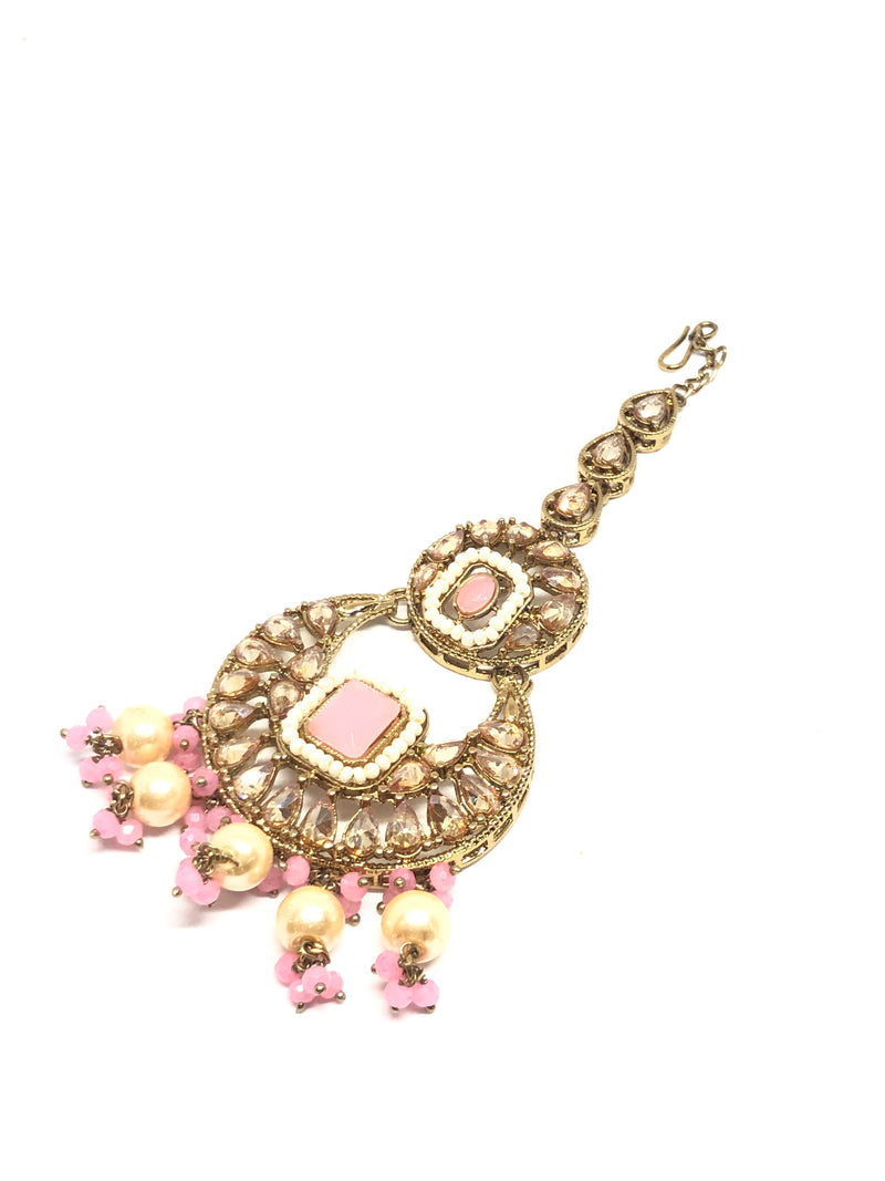 || RAVEENA || Pastel Pink Stone Choker Necklace with Earrings & Tikka
