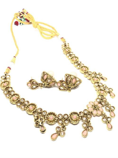 || AHANA || Gold Indian Necklace with Earrings in Pink