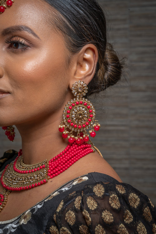 || IZNA || Red Beaded Necklace with Earrings & Tikka with Gold Stones