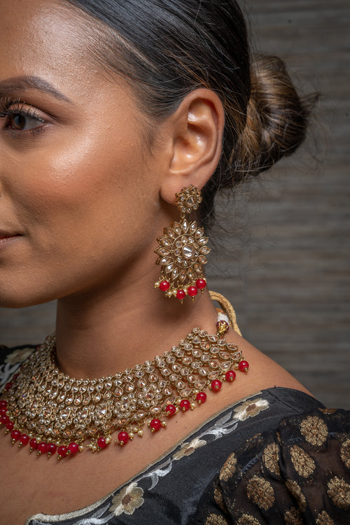 || HIYA || Red Beads Necklace with Earrings & Tikka with Gold Stones