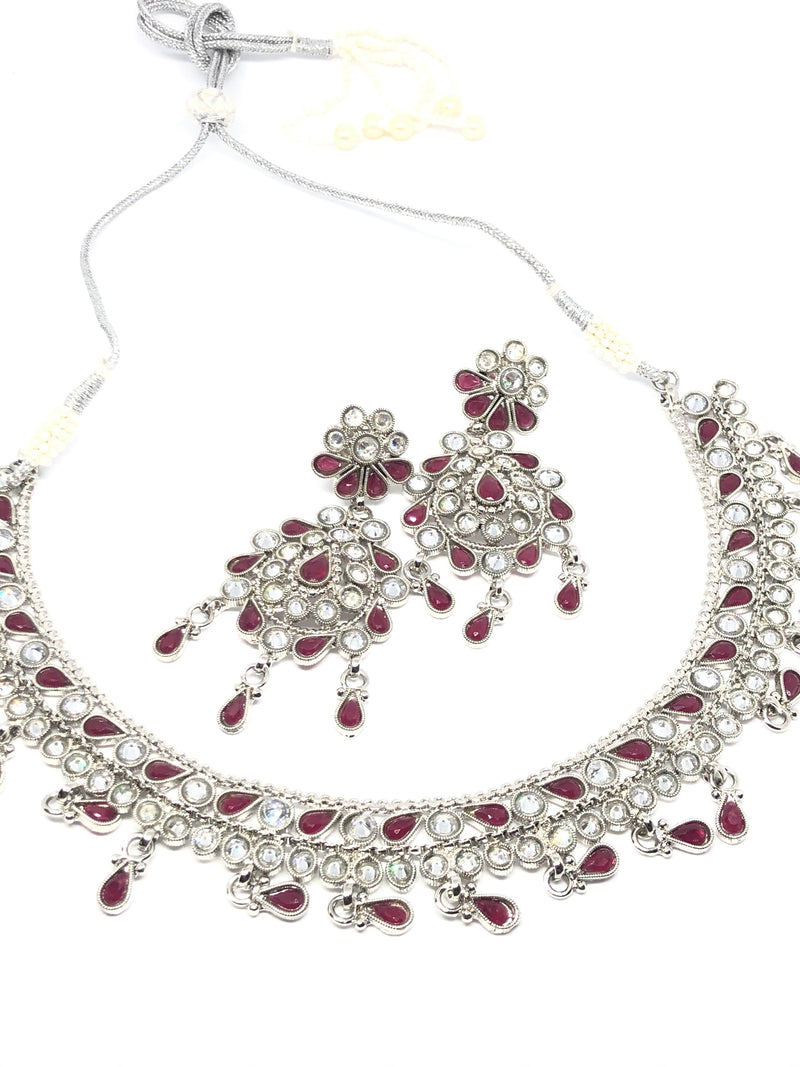|| SITARA RED || Flat Lightweight Silver Round Necklace with Earrings