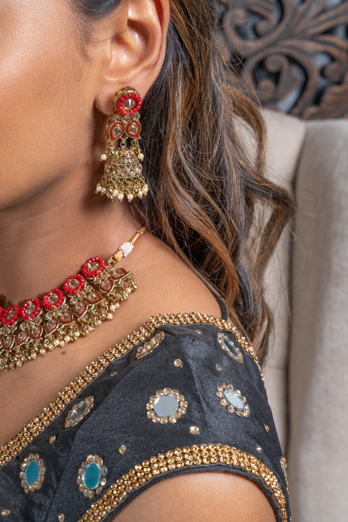 || KASH || Red & Gold Meenakari Indian Necklace, Earrings & Tikka