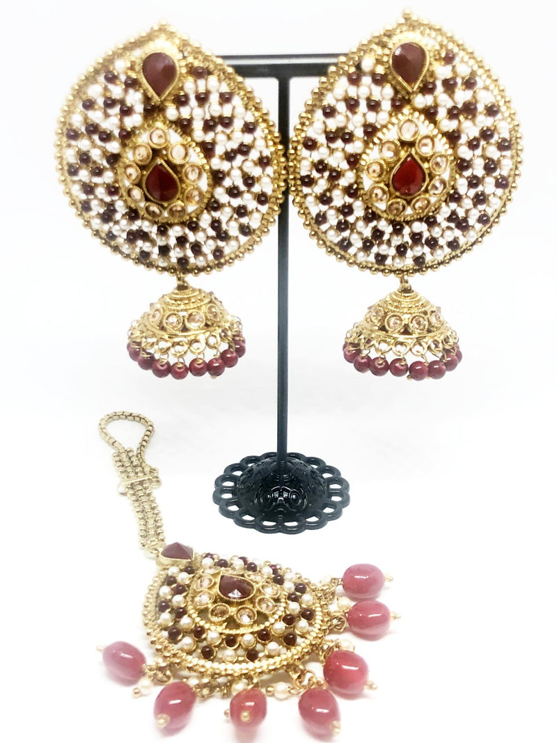 || SAAJAN || Gold & Maroon Tikka with Earrings