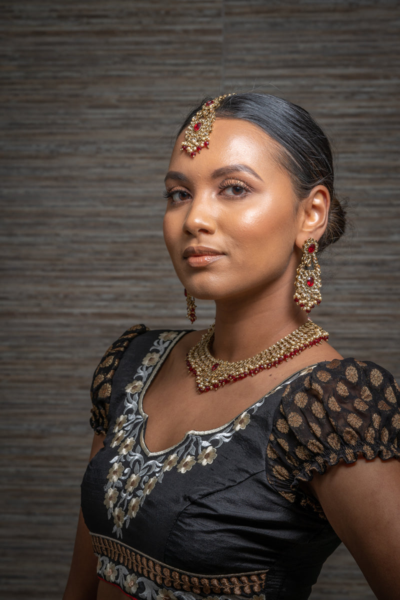 || GULABI || Red Gold Indian Necklace, Earrings & Tikka