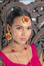 || PUTRI || Red & Yellow Floral Jewellery with Earrings, Tikka & Hand Piece