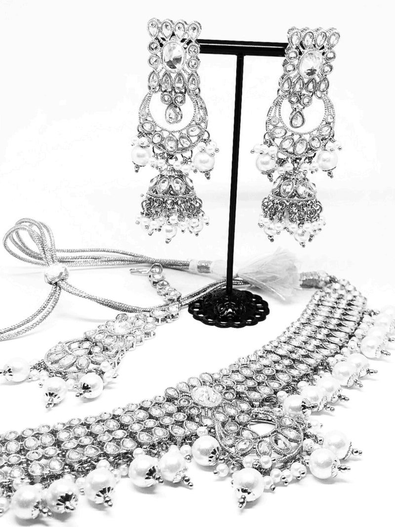 || ZOYA || Silver Necklace with Earrings & Tikka and White Pearls