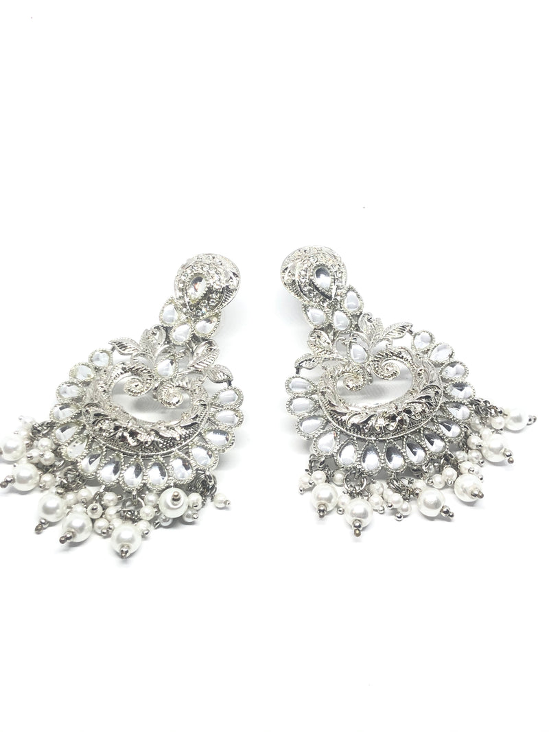 Silver Pearl Earrings with White Stones