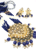 || SONI || Indian Long Kundan Style Necklace with Blue Glass Beads White Pearls with Earrings