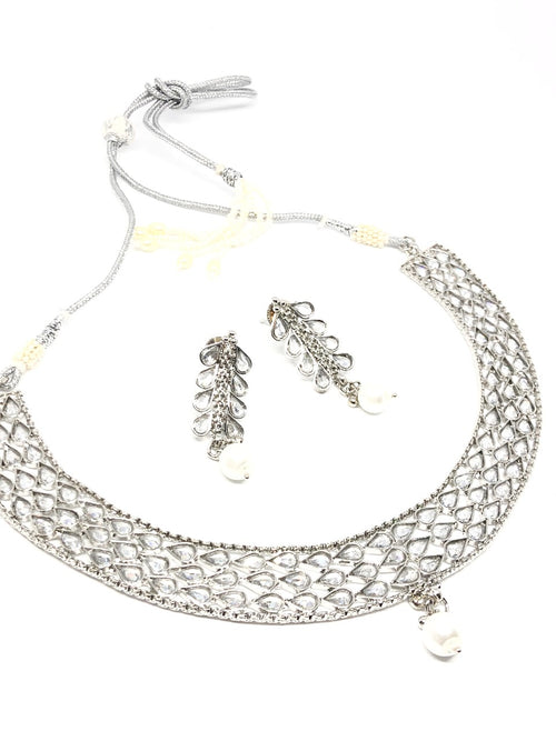 || AASHA || Silver Necklace & Earrings Set with White Pearls