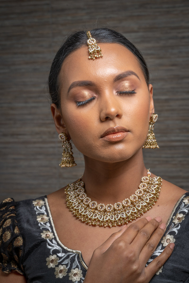 || KASHVI || White Gold Meenakari Indian Necklace, Earrings & Tikka