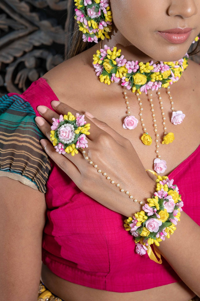 || AAKILA || Floral Jewellery Pink and Yellow Necklace with Earrings, Tikka & Hand Piece